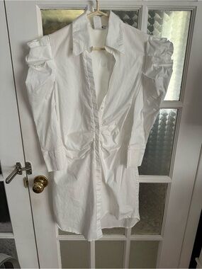 Fashion Nova White Puff-Sleeve Button-Down Shirt Dress